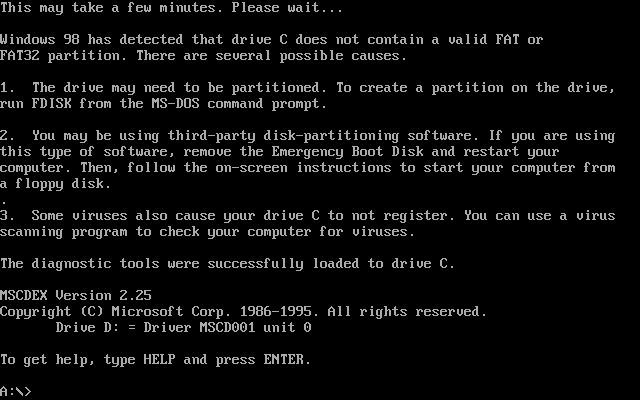 Booting A Computer From The Windows 98 Startup Disk: DOS Prompt