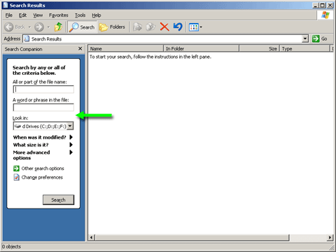 Windows XP Professional Search Options All Files And Folders